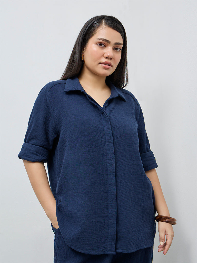 Gia Navy Crinkle-Textured Cotton Blouse