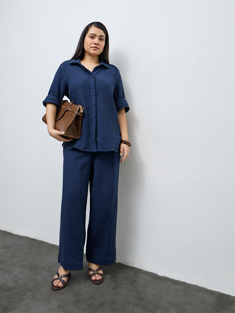 Gia Navy Crinkle-Textured Cotton Blouse