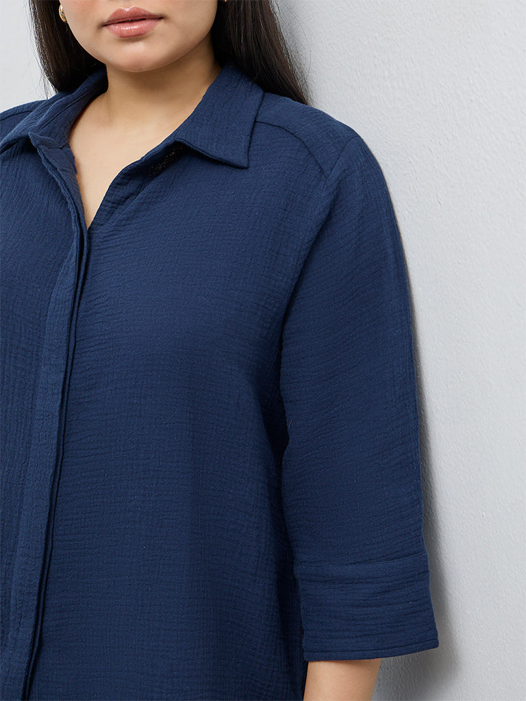 Gia Navy Crinkle-Textured Cotton Blouse
