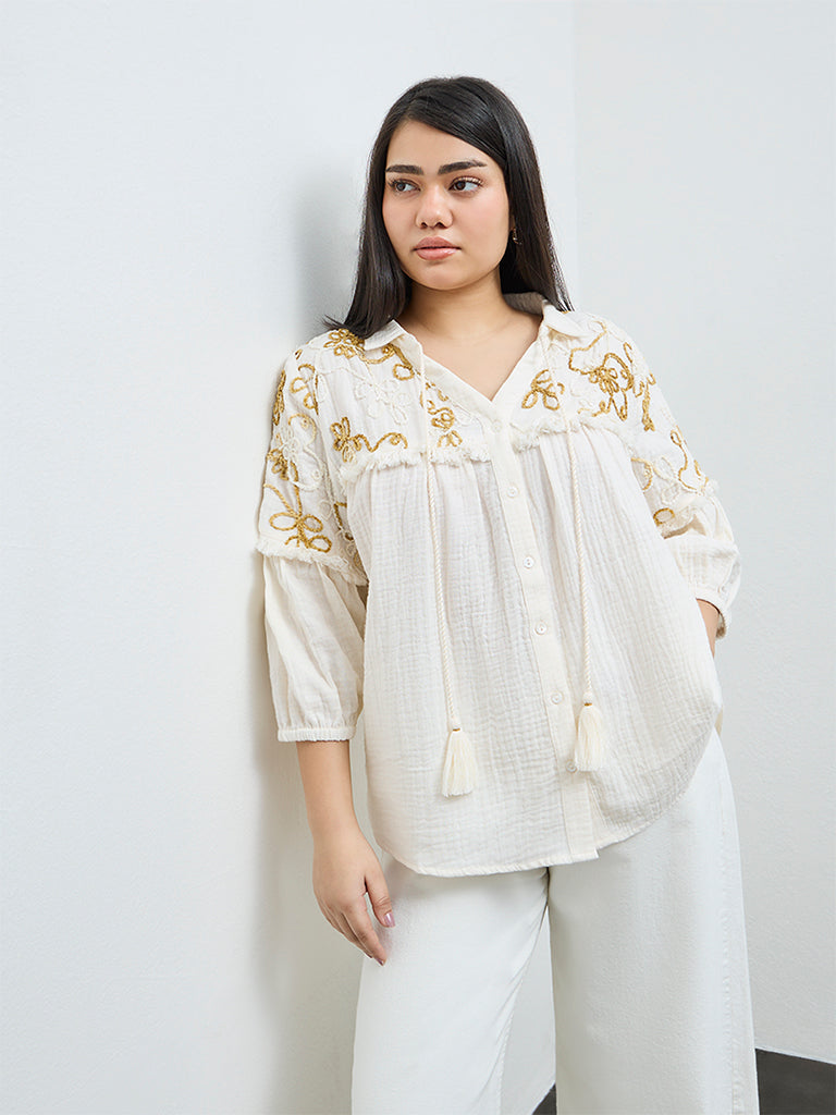Gia Cream Floral Embroidered Cotton Blouse