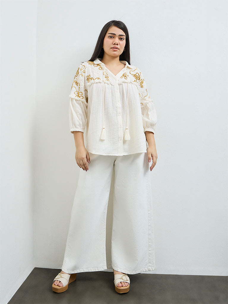 Gia Cream Floral Embroidered Cotton Blouse