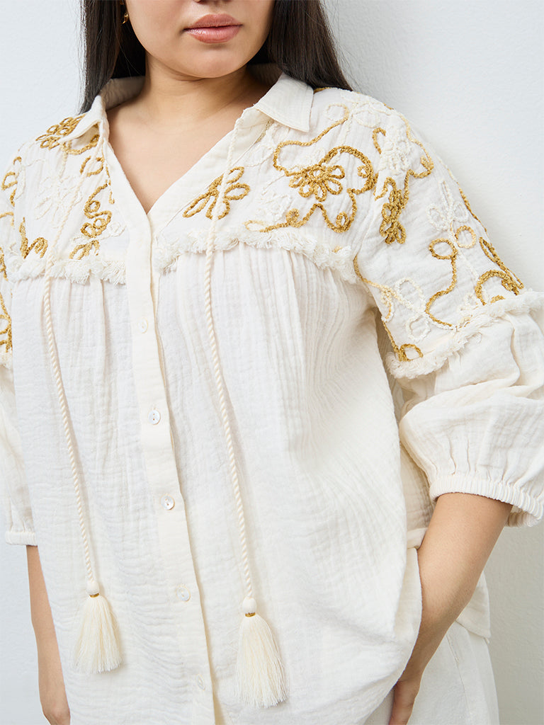 Gia Cream Floral Embroidered Cotton Blouse
