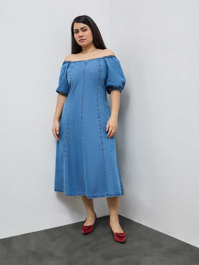 Gia Blue Off-Shoulder Denim A-Line Dress