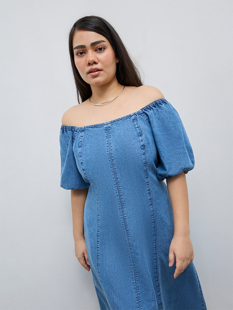 Gia Blue Off-Shoulder Denim A-Line Dress