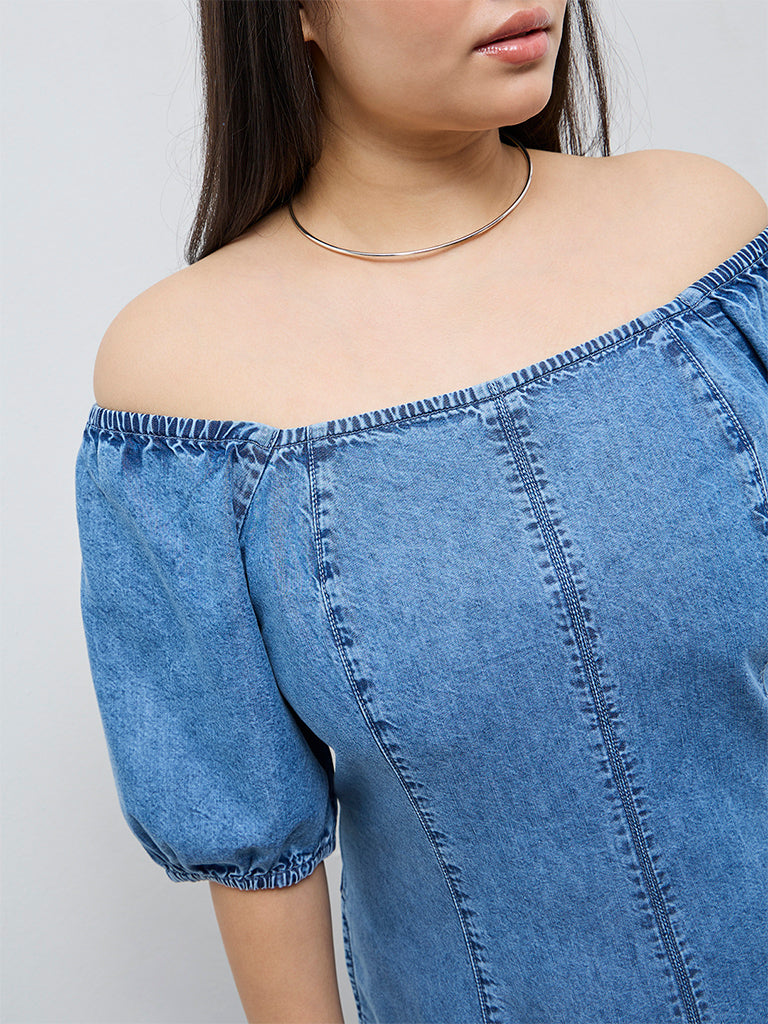 Gia Blue Off-Shoulder Denim A-Line Dress