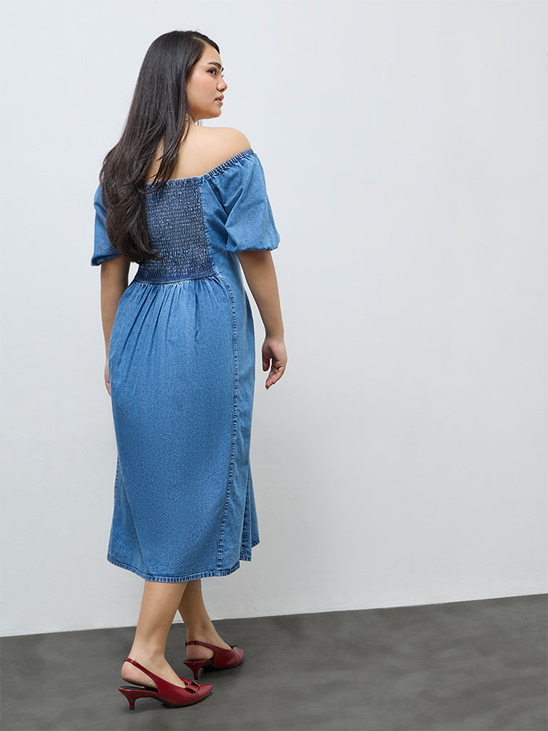 Gia Blue Off-Shoulder Denim A-Line Dress