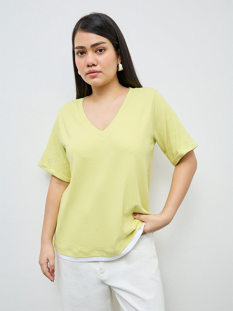 Gia Lime Ribbed-Textured Cotton T-Shirt