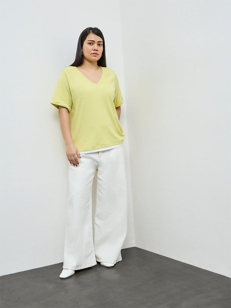 Gia Lime Ribbed-Textured Cotton T-Shirt