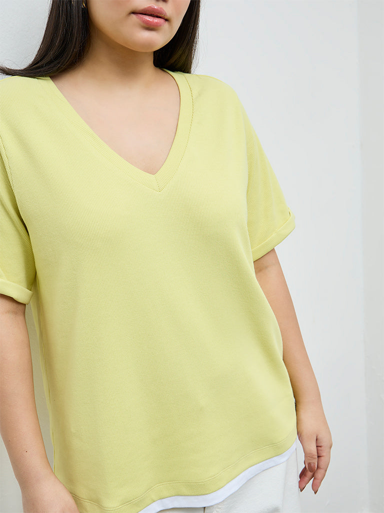 Gia Lime Ribbed-Textured Cotton T-Shirt