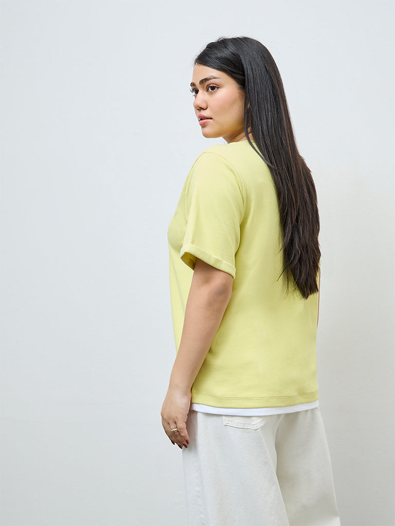 Gia Lime Ribbed-Textured Cotton T-Shirt
