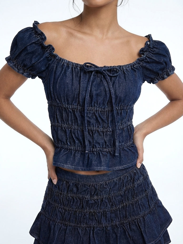 Nuon Dark Blue Off-Shoulder Smocked Denim Top
