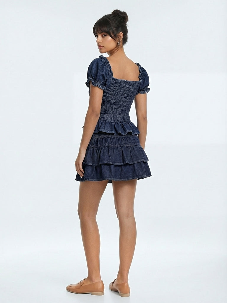 Nuon Dark Blue Off-Shoulder Smocked Denim Top