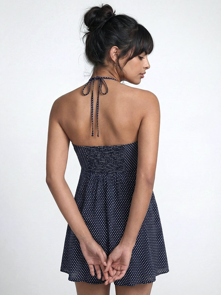 Nuon Navy Polka Dot Halter-Neck A-Line Dress