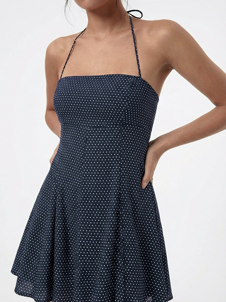 Nuon Navy Polka Dot Halter-Neck A-Line Dress