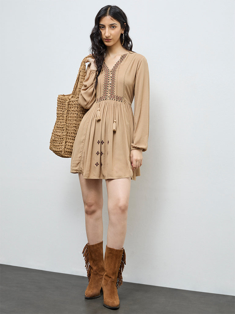 Bombay Paisley Brown Embroidered A-Line Dress