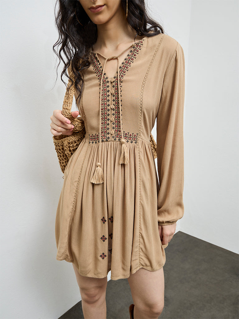 Bombay Paisley Brown Embroidered A-Line Dress