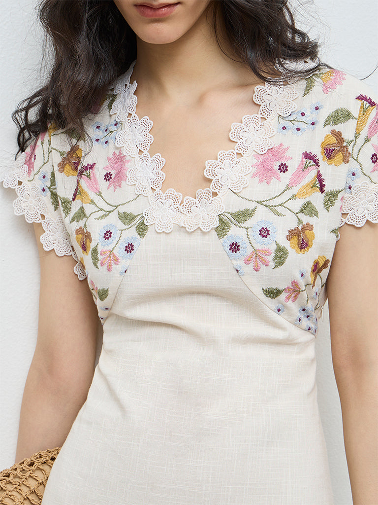 Bombay Paisley Off-White Embroidered Cotton A-Line Dress
