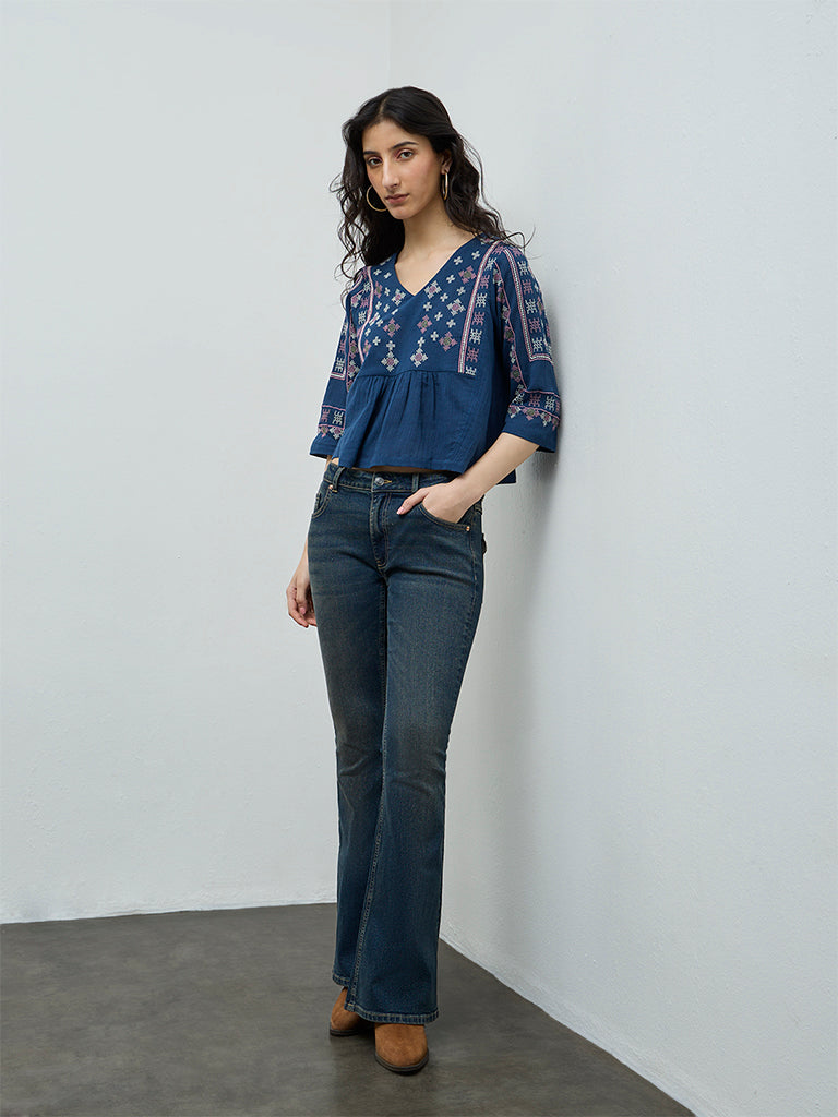 Bombay Paisley Blue Embroidered Cotton Top