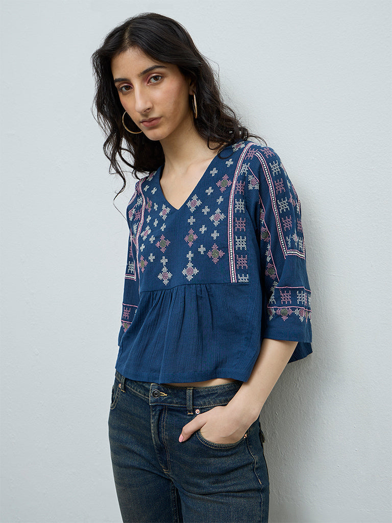 Bombay Paisley Blue Embroidered Cotton Top