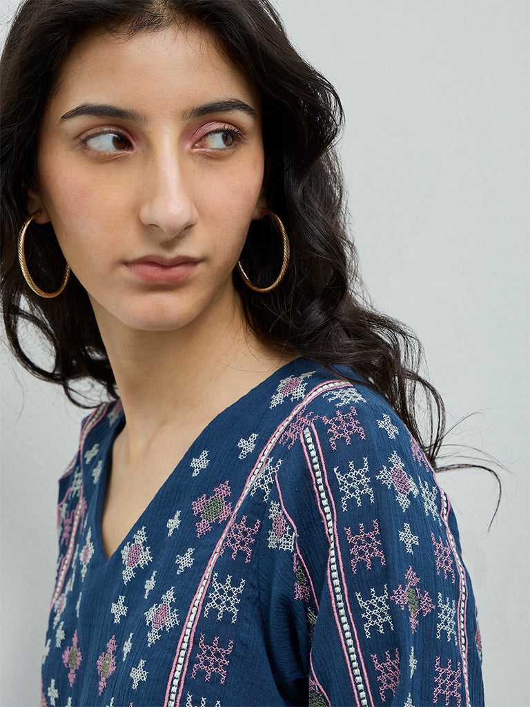 Bombay Paisley Blue Embroidered Cotton Top