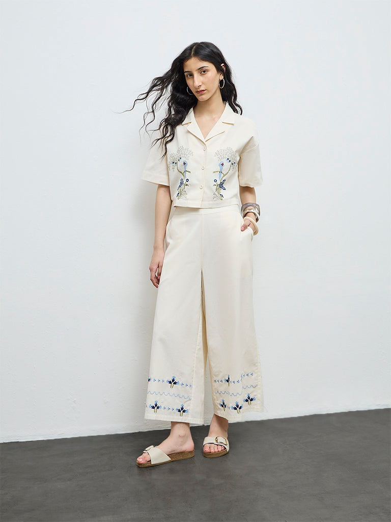 Bombay Paisley Off-White Embroidered Cotton Top