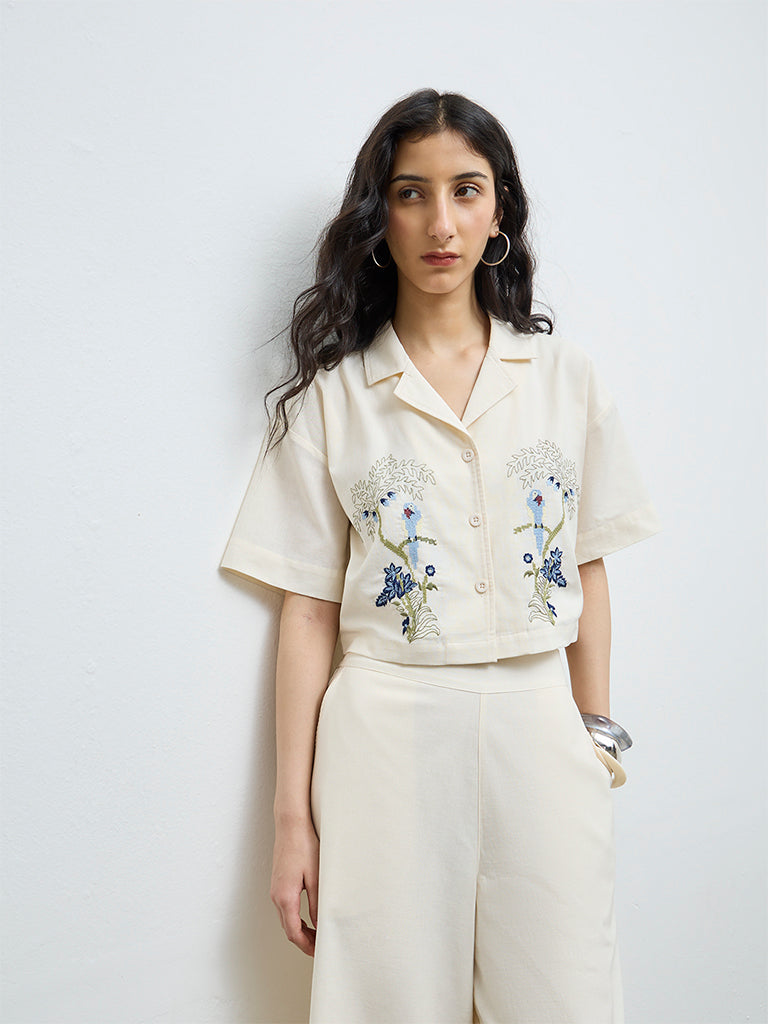 Bombay Paisley Off-White Embroidered Cotton Top