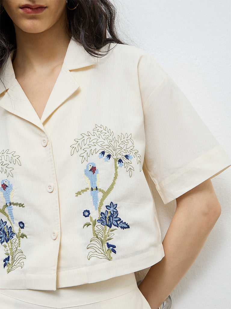 Bombay Paisley Off-White Embroidered Cotton Top