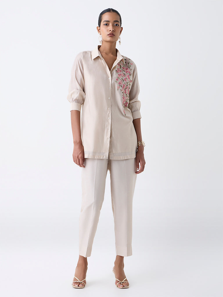 Vark Beige Floral Embroidered Co-ord Set