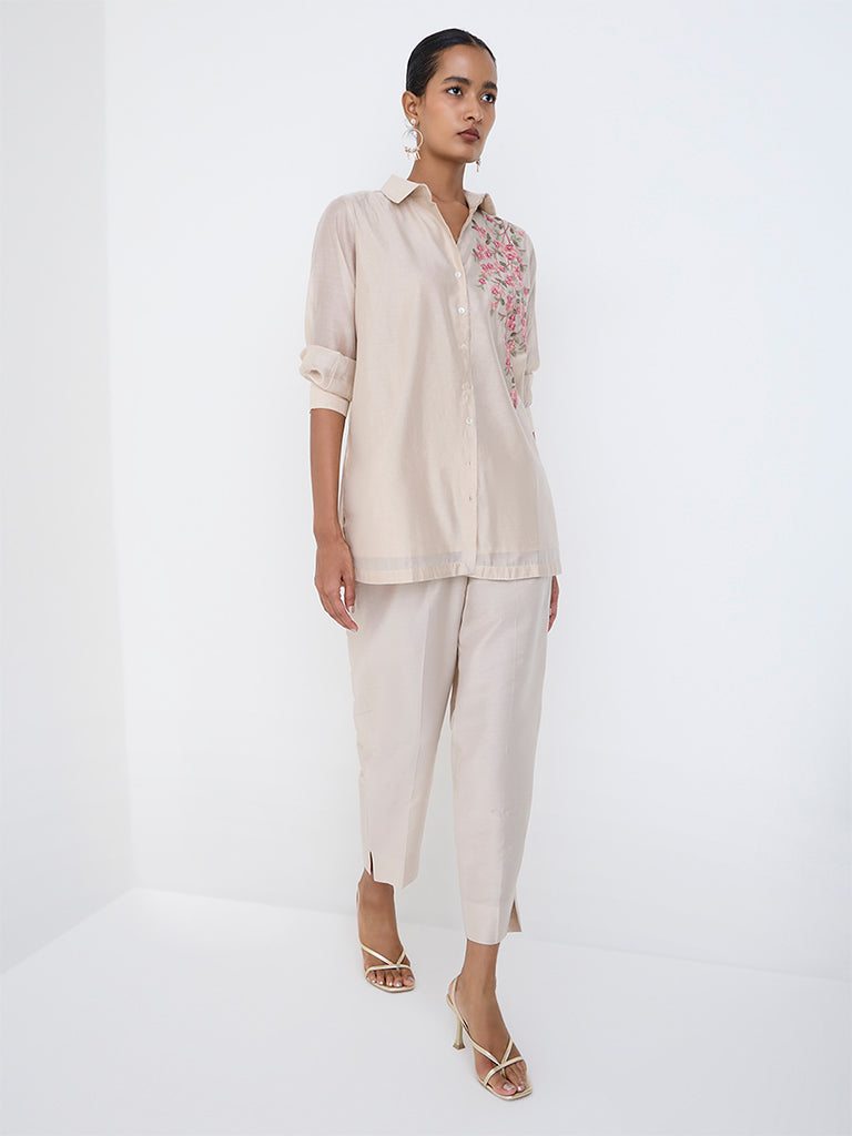 Vark Beige Floral Embroidered Co-ord Set