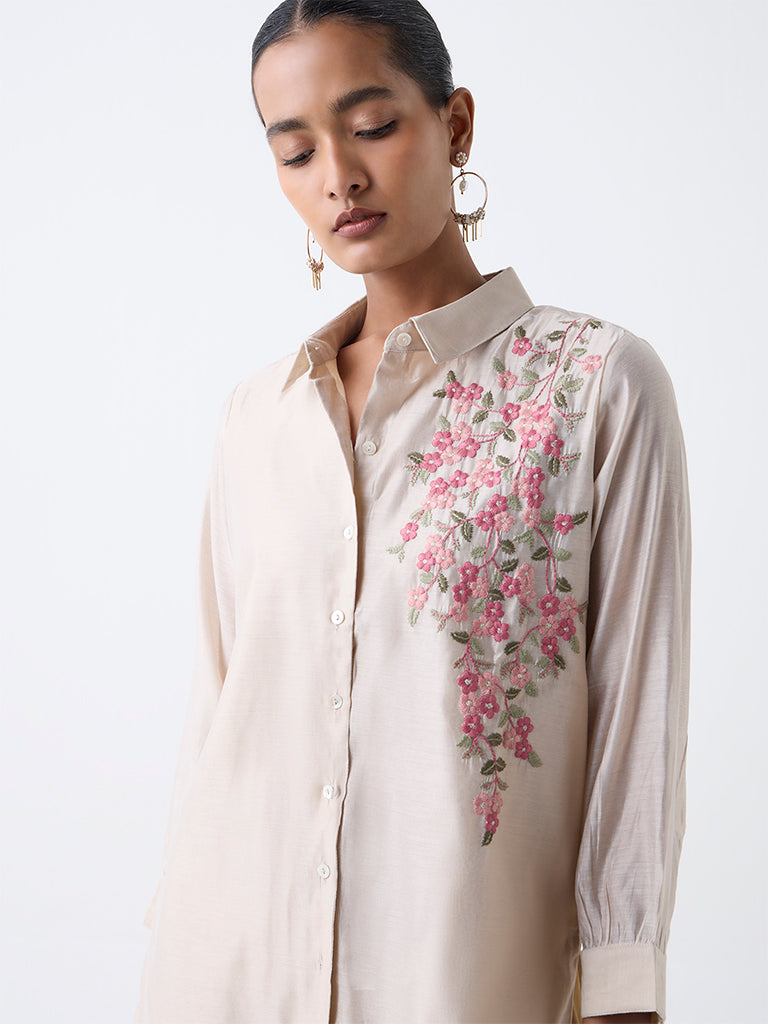Vark Beige Floral Embroidered Co-ord Set