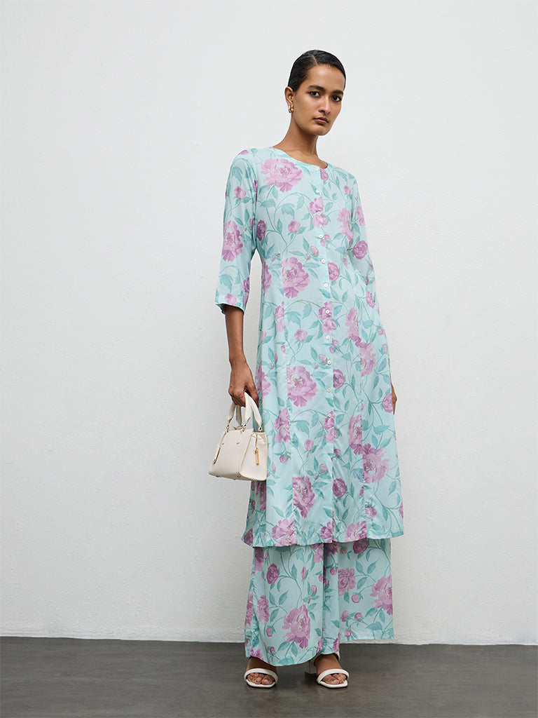 Zuba Sea Green Floral Printed Palazzos