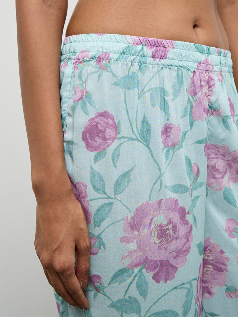 Zuba Sea Green Floral Printed Palazzos