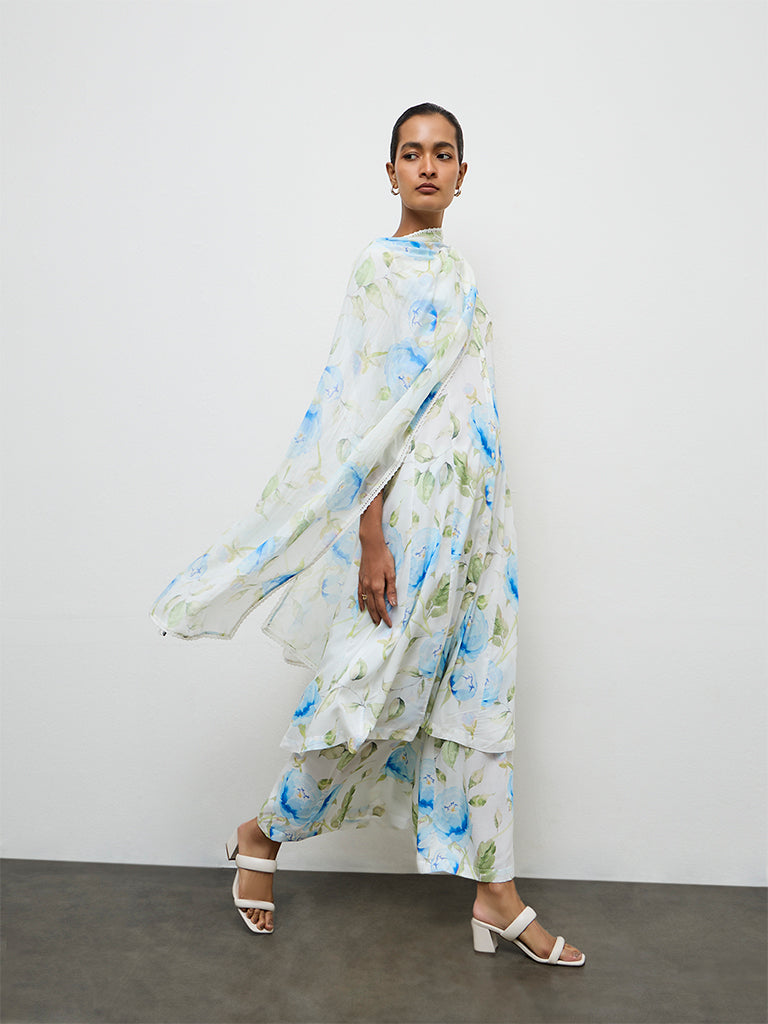Zuba Blue Floral Printed Dupatta