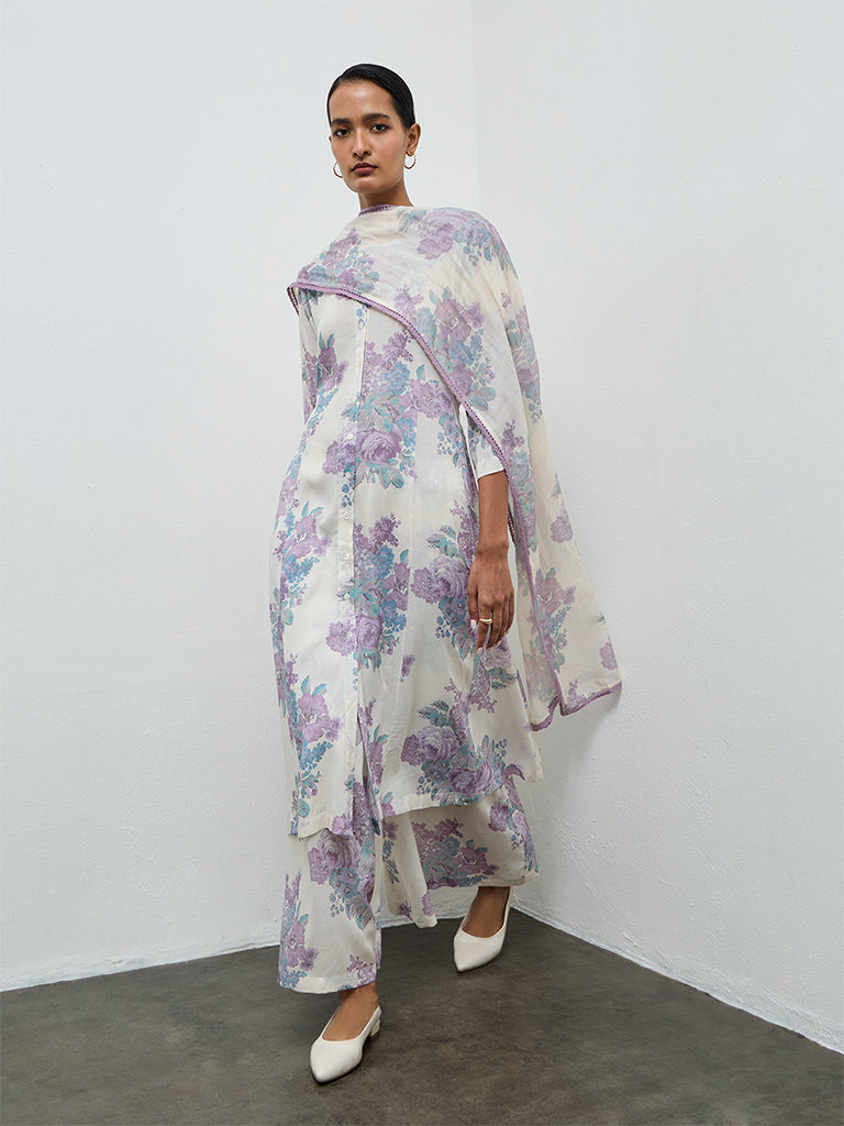Zuba Off-White Floral Cotton-Blend Dupatta