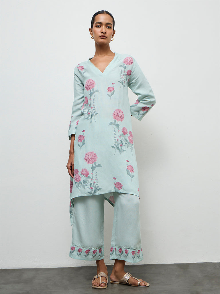 Zuba Blue Floral Printed A-Line Kurta