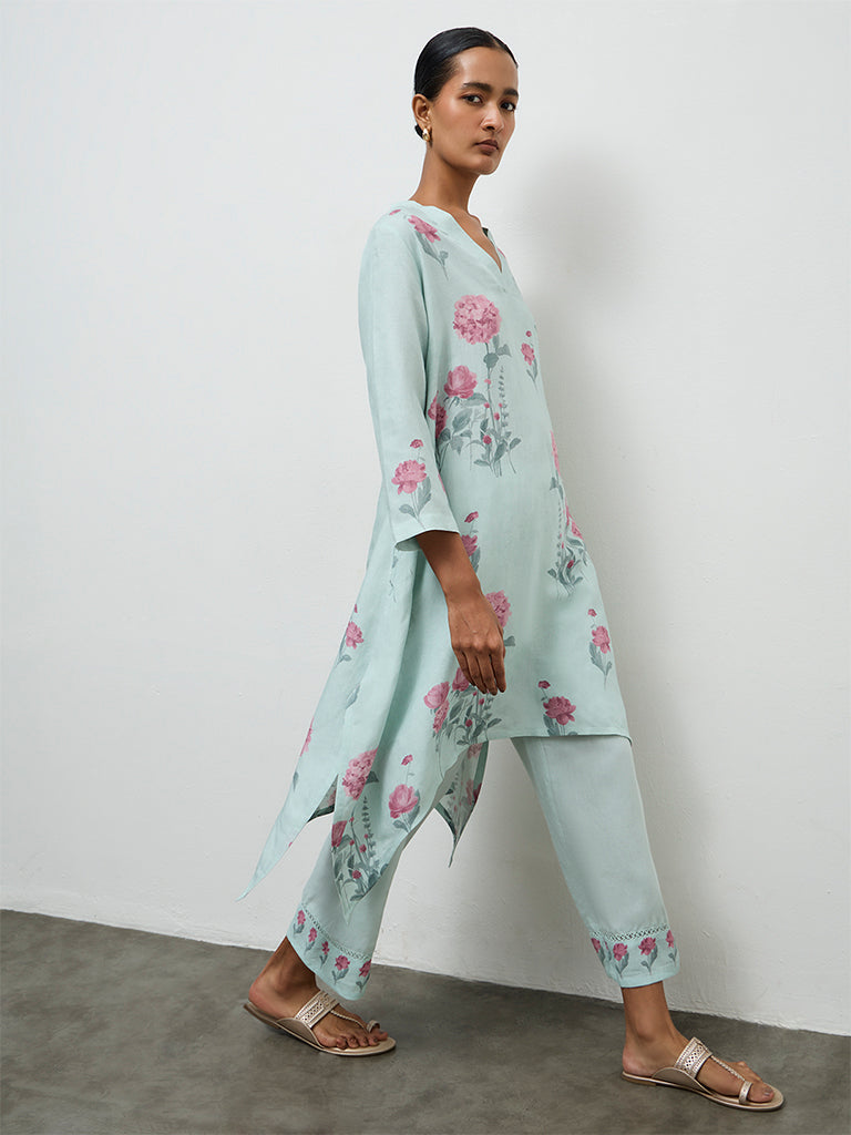 Zuba Blue Floral Printed A-Line Kurta