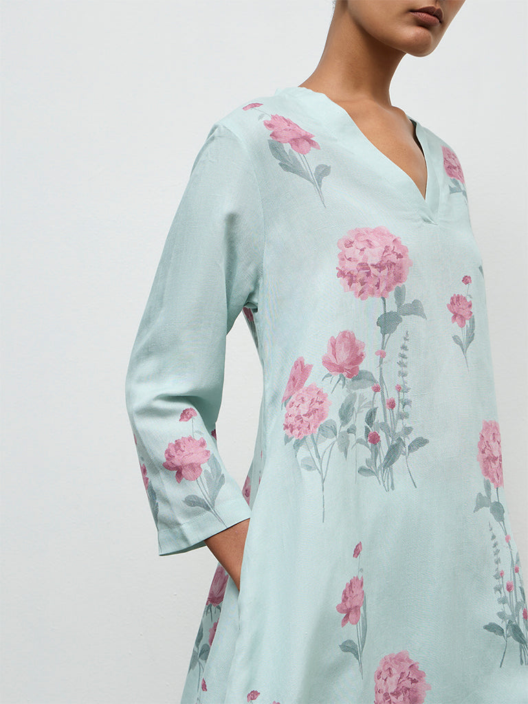 Zuba Blue Floral Printed A-Line Kurta