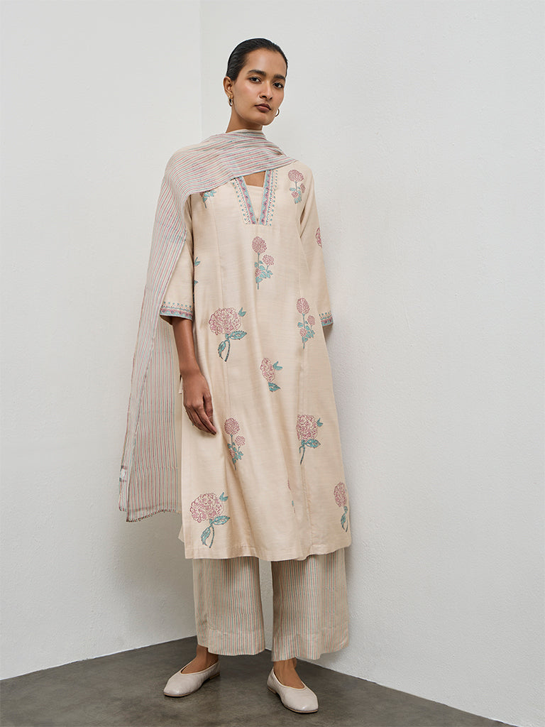 Zuba Beige Floral Printed A-Line Kurta