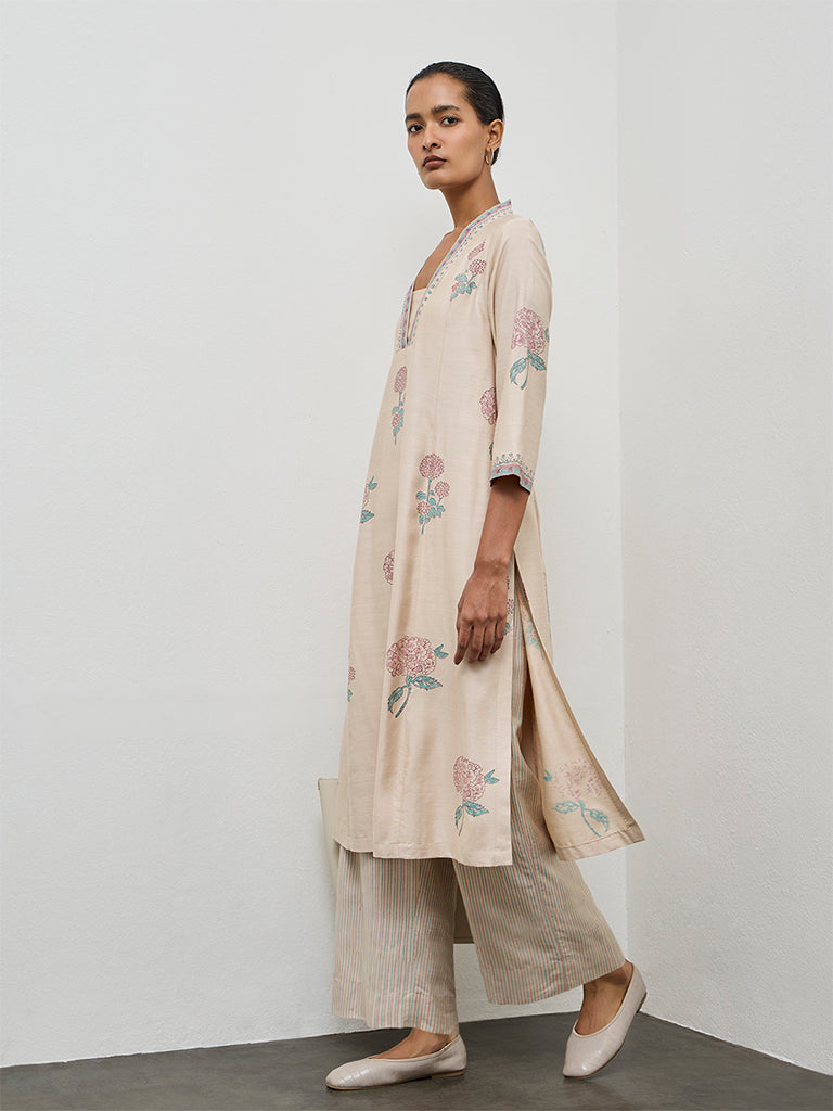 Zuba Beige Floral Printed A-Line Kurta