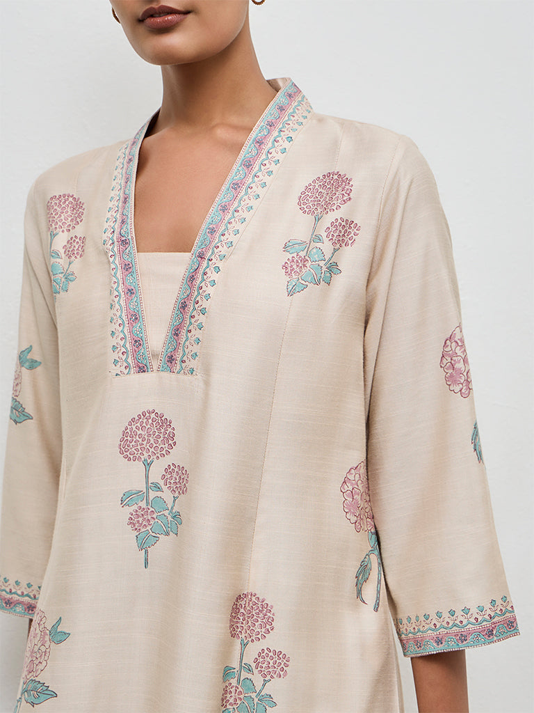 Zuba Beige Floral Printed A-Line Kurta