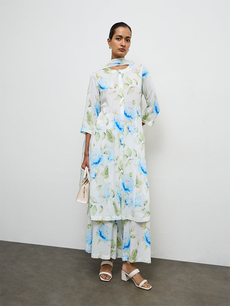 Zuba Blue Floral Printed A-Line Kurta