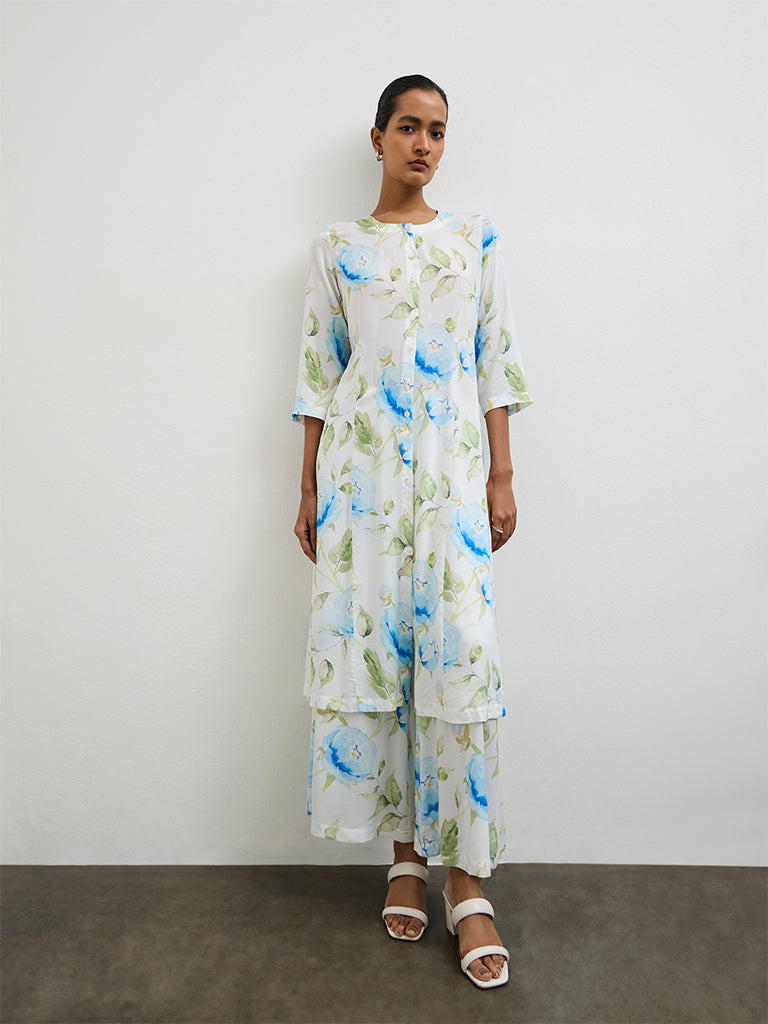 Zuba Blue Floral Printed A-Line Kurta