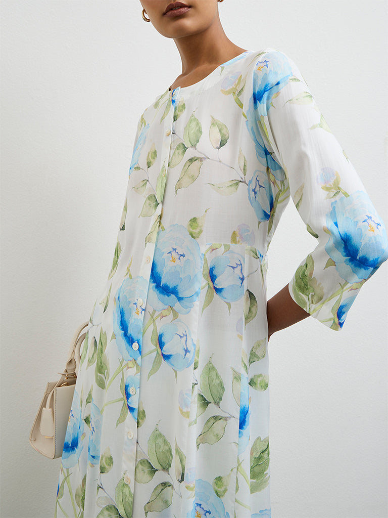 Zuba Blue Floral Printed A-Line Kurta