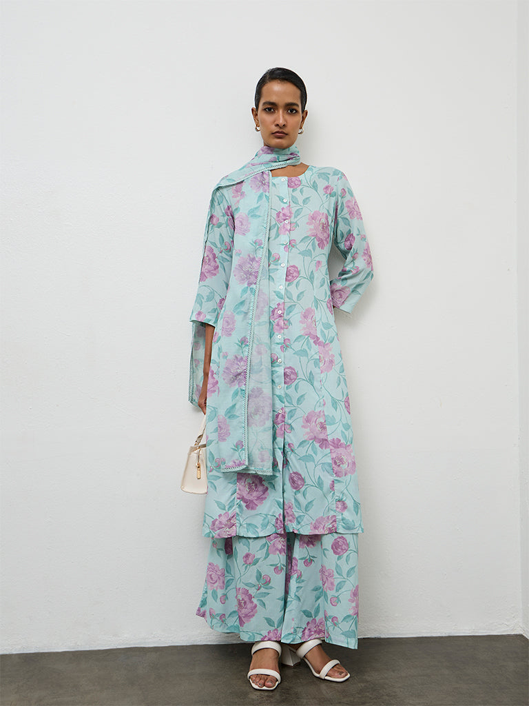 Zuba Green Floral Pattern A-Line Kurta