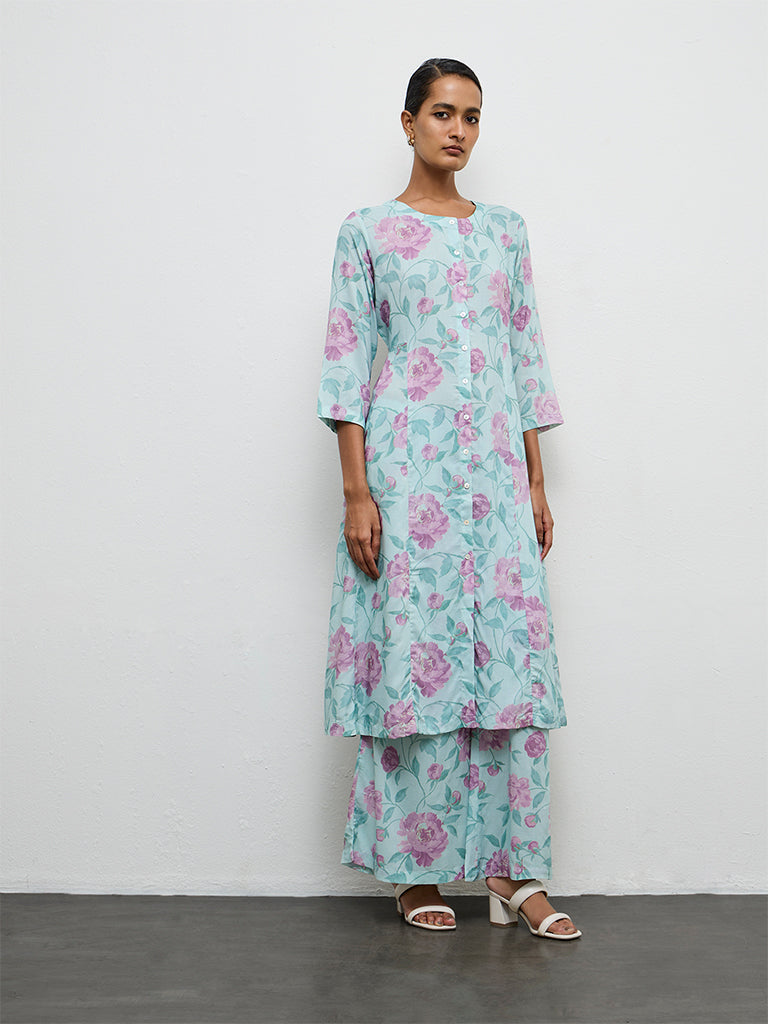Zuba Green Floral Pattern A-Line Kurta