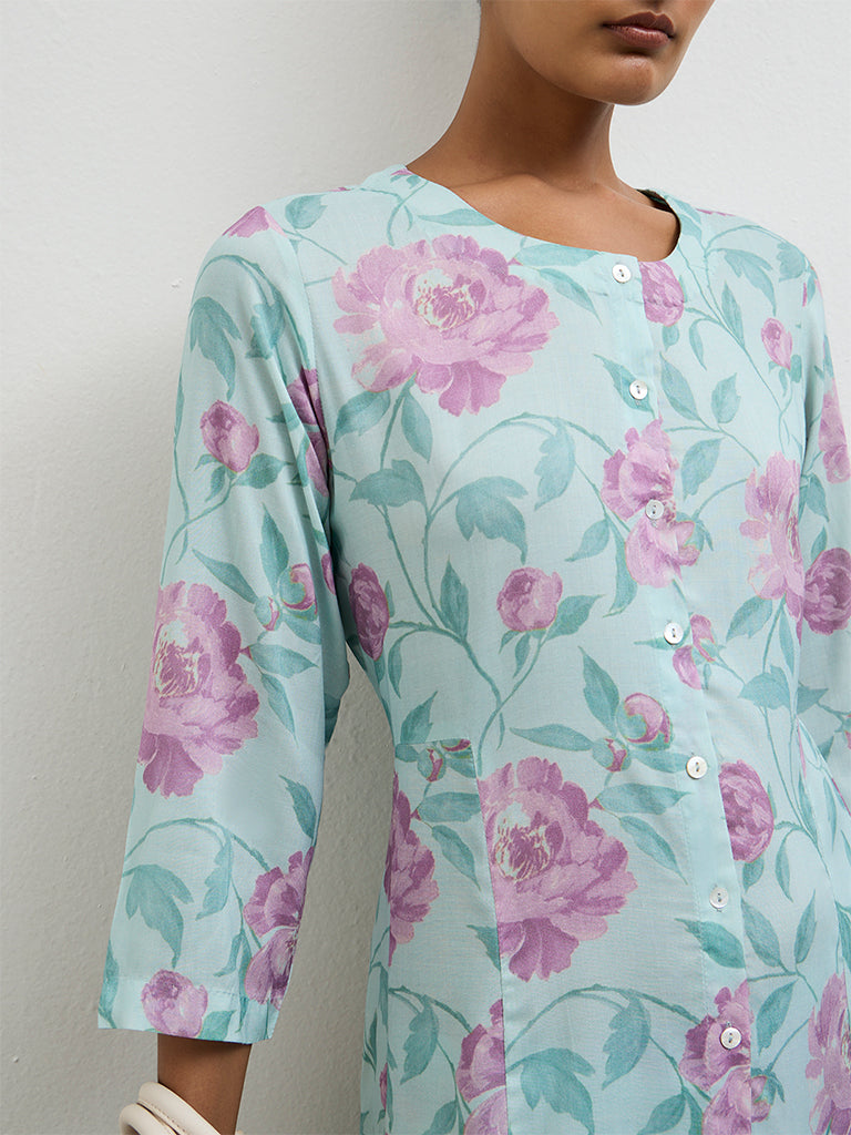 Zuba Green Floral Pattern A-Line Kurta