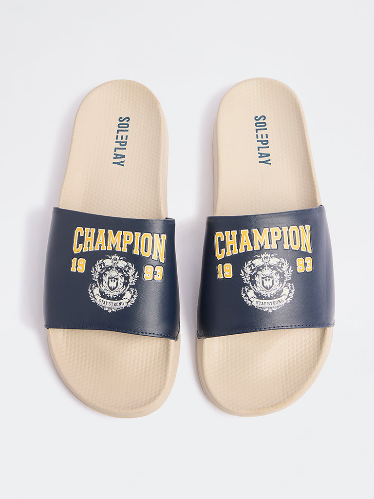 SOLEPLAY Navy Graphic Printed Pool Slides