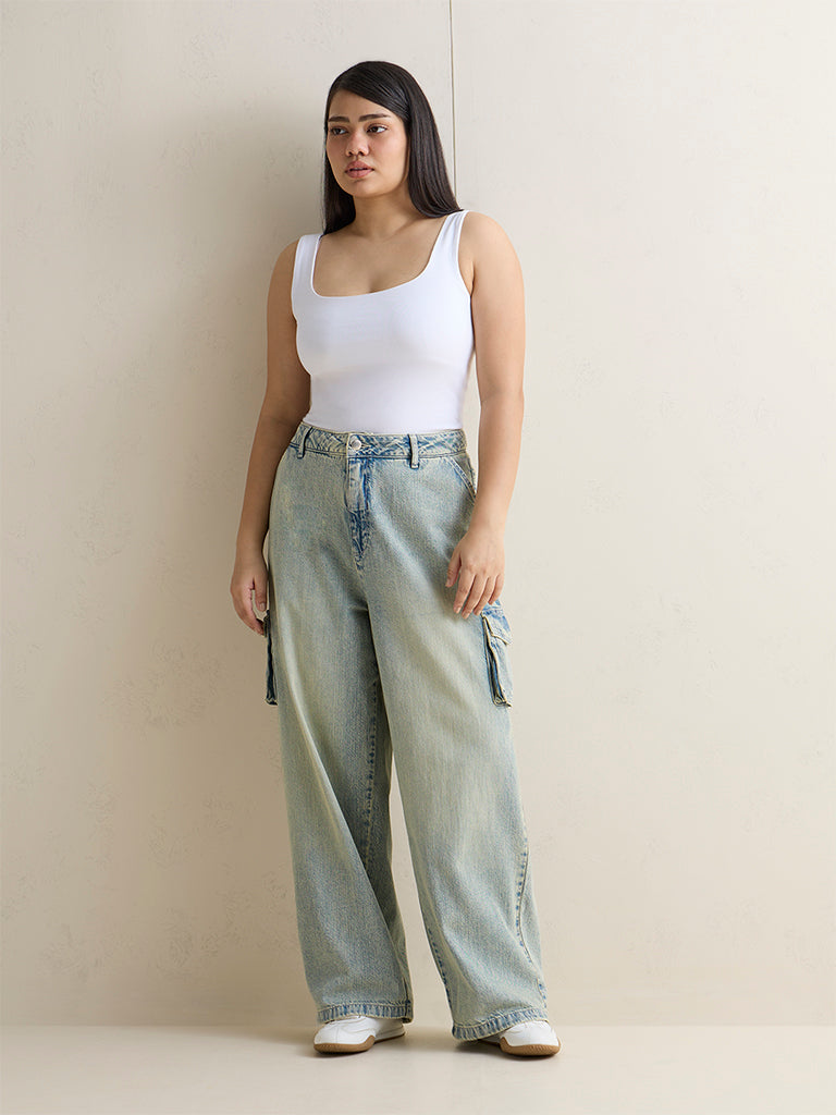 Gia Blue Washed Cargo-Style High-Rise Jeans
