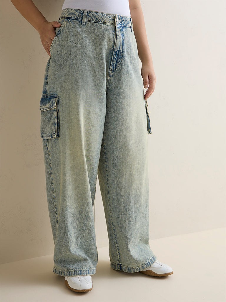 Gia Blue Washed Cargo-Style High-Rise Jeans