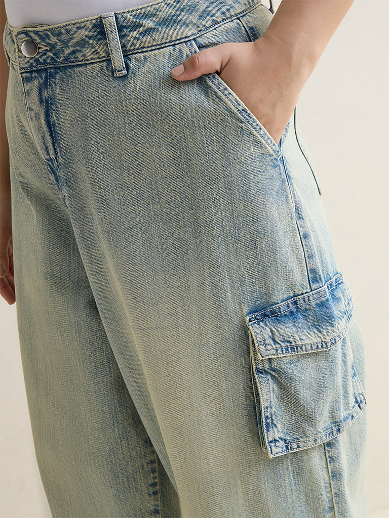 Gia Blue Washed Cargo-Style High-Rise Jeans